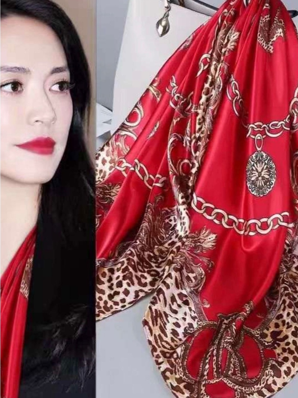 Red Satin Chain & Leopard Print Scarf